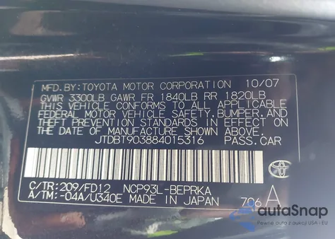 2008 Toyota Yaris from USA, damaged, VIN JTDBT903884015316